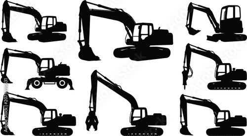 Fotografia Collection of excavator silhouettes showing heavy construction machinery in various positions