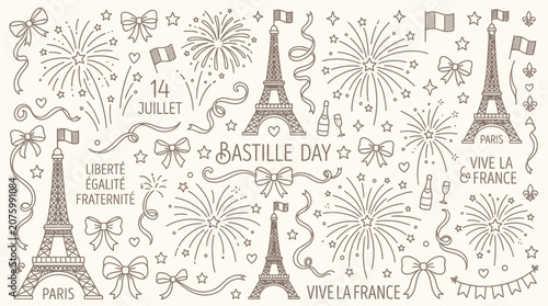 Foto Bastille Day doodle illustration with Eiffel Tower, fireworks, and French flags celebrating France's national holiday