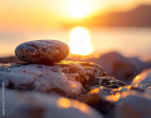 Serene sunset over peaceful rocky beach.