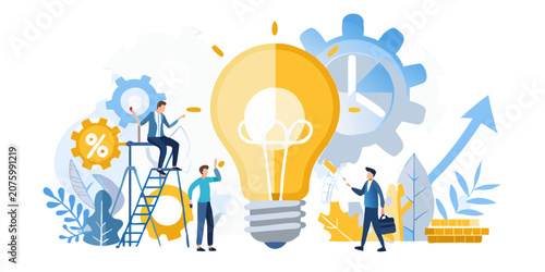 Foto Light Bulb Illustration With Business Figures And Gears Vector Graphic
