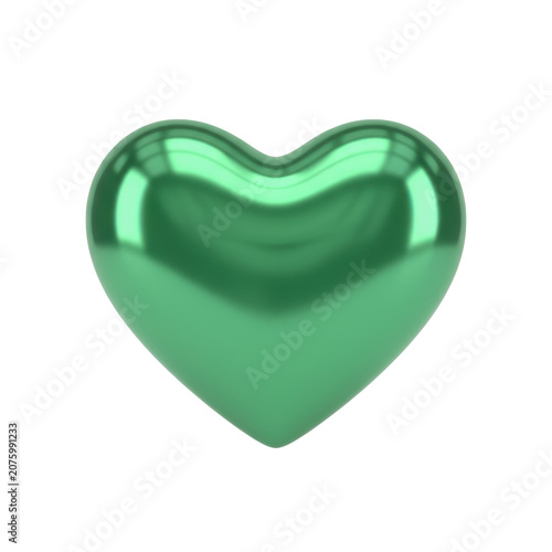 Glossy emerald green heart shape with a smooth polished surface isolated on a white background with soft studio lighting reflecting on the curves love concept