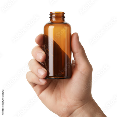 A caucasian hand firmly grips a clean, translucent amber glass medicine bottle, isolated on a seamless clinical white studio background with soft lighting for a professional wellness concept
