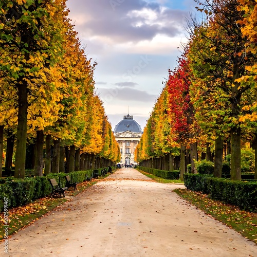 A serene autumnal pathway lined with vibrant trees