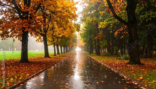 A serene autumnal road lined with trees and fallen leaves (1)