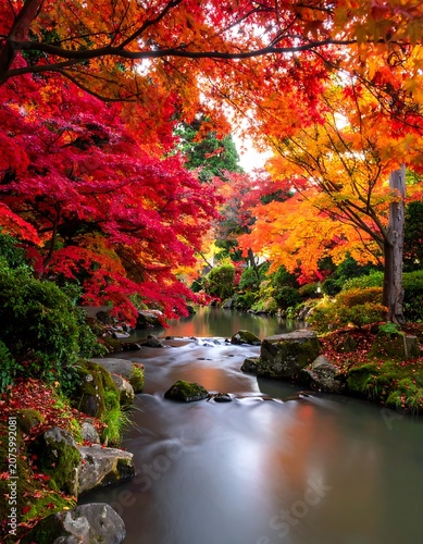 A serene autumnal scene with vibrant trees and a gentle stream
