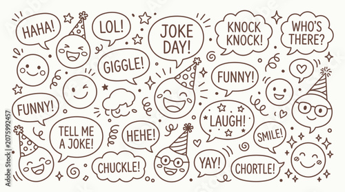 Tableau sur toile Collection of hand-drawn cartoon faces and speech bubbles with laughter and joke-related words, celebrating humor and fun