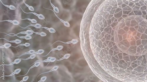 Sperm cells actively swimming toward human egg in microscopic fertilization process