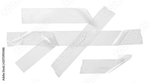 Transparent adhesive tape strips, clear plastic scotch tape pieces with wrinkles and bubbles, realistic sticky tape texture for design mockups isolated on Transparent Background