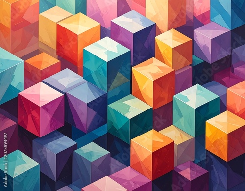 A vibrant 3D geometric pattern of multicolored cubes in various shades