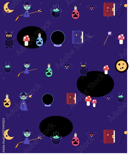 Cute Witch and Magic Seamless Pattern with Witches Cauldron Broomstick Potion Bottles Spell Book Magic Wand Bats Black Cat Crystal Ball and Mushrooms — Playful Cartoon Halloween Background for KidS