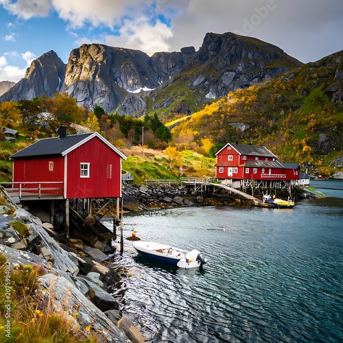 A serene coastal scene with red houses on stilts