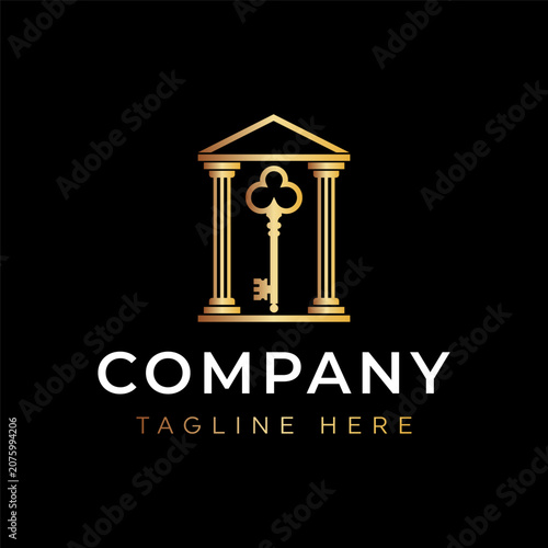 luxury logo featuring a golden classical building with pillars and a vintage key, symbolizing security, trust, heritage, finance, law, and premium business services.