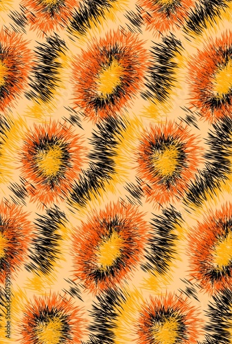 Fiery Tiger Ikat Seamless Pattern
An abstract seamless pattern blending wild tiger stripes with a spiky, fiery ikat texture. Featuring vibrant orange, yellow, and black tones.
