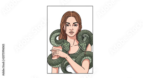 Woman with Two Snakes, Mythological, Fantasy Art, Illustration, Surreal Character