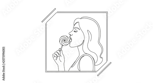Woman's face in profile enjoying a lollipop, line art illustration