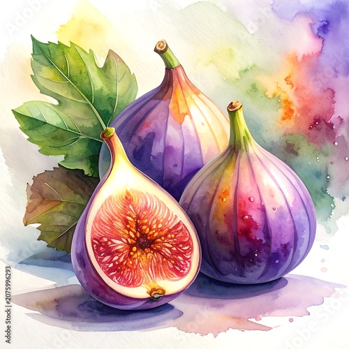A watercolor painting of three purple figs with a green leaf