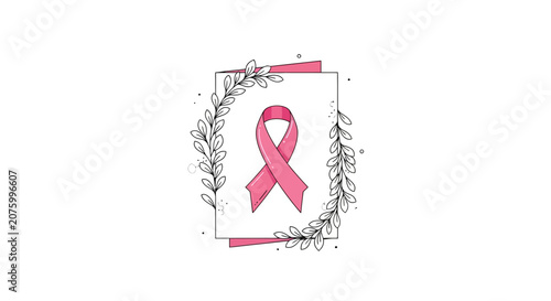 Pink Ribbon Symbol of Breast Cancer Awareness with Floral Wreath on White Background