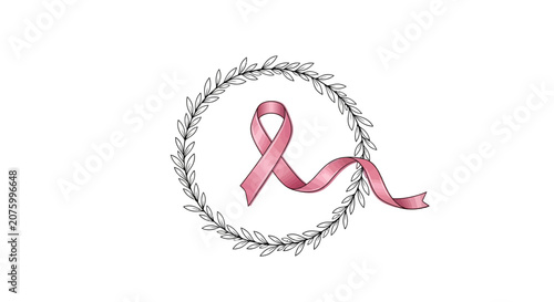 Pink Ribbon, Wreath, Breast Cancer Awareness Symbol - Isolated on White Background