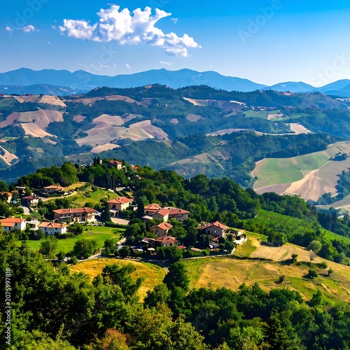 A serene hillside village surrounded by lush greenery and rolling hills