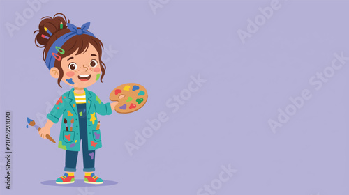 Cute little girl artist holding paint palette and brush cartoon vector illustration with smiling creative child in colorful outfit isolated on purple background with copy space.