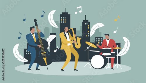 Professional jazz band performs a lively musical set against a stylized urban city skyline at night.