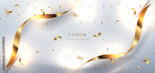Abstract luxury white background with gold ribbon confetti effect and bokeh.