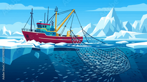 Obraz na płótnie Arctic fishing boat with net full of fish in frozen sea illustration