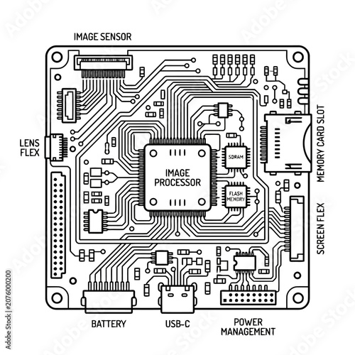 Digital Camera Mainboard Circuit Diagram Line Icon
