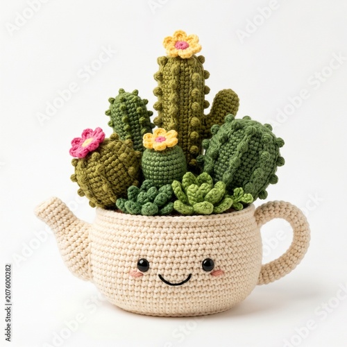 Handmade Crochet Cactus Arrangement Cream Teapot Shaped Planter.