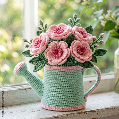 Handmade Crochet Flower Arrangement Mint Green Watering Can.