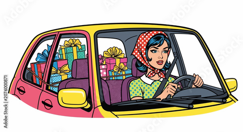 Woman driving car loaded with presents, pop art style