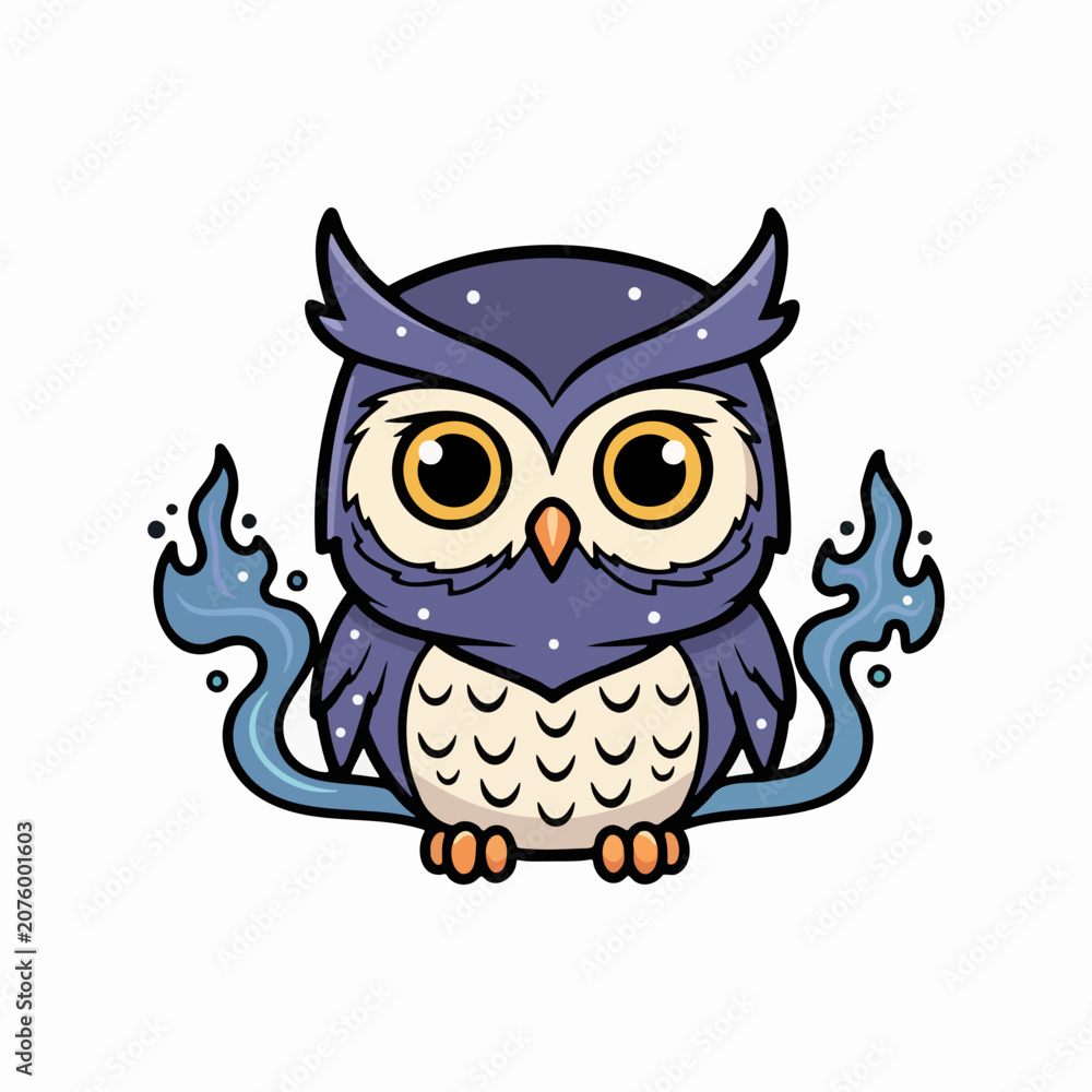 Fototapeta premium Cute purple fantasy owl mascot, frontal view for sticker, vector illustration, even lighting on white background.