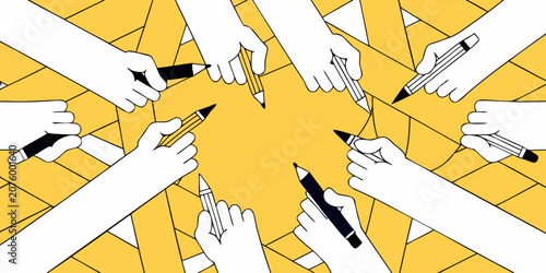 Foto Intertwined Arms Holding Markers And Pens Vector Illustration
