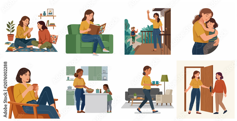 Fototapeta premium Set of Happy Mother and Daughter Daily Activities Illustrations, Domestic Life Scenes, Parenting Bonding, Home Routine and Relaxation Moments Vector