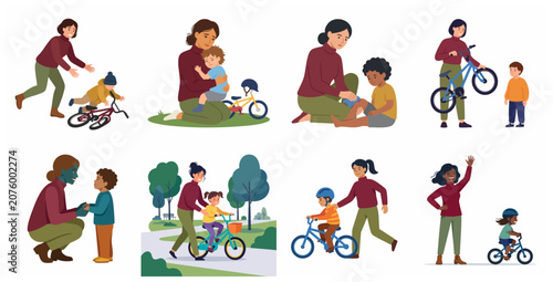 Schilderij op canvas Vector Illustration Set of Mothers Teaching Their Children How to Ride a Bicycle
