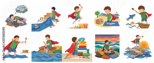 Foto Creative child playing pirate and sailor adventure with household items and imag