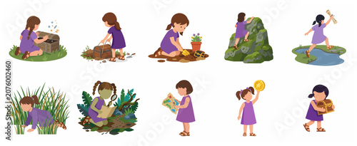 Tableau sur toile Cute little girl character set engaged in treasure hunt adventure activities, finding hidden chests and gold coins, exploring nature illustrations isolated on white