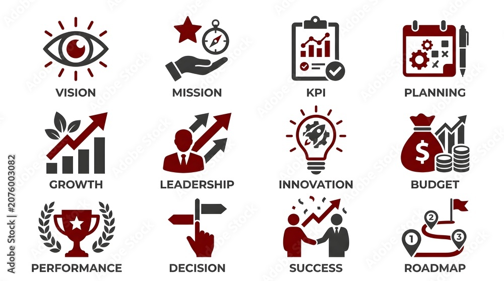 Fototapeta premium Business icons representing vision mission kpi planning growth leadership innovation budget performance decision success roadmap isolated on white background