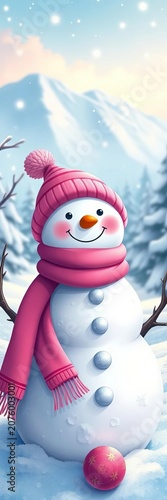 Cheerful snowman illustration wearing pink hat and scarf, surrounded by winter wonderland scenery, chilly, snowflake