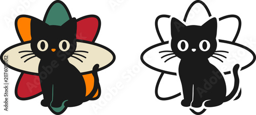 Cute black cat vector logo icon with colorful flower petals retro style graphic design element