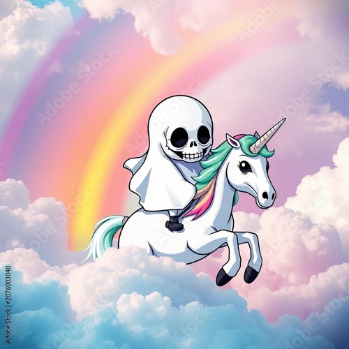 Cute skull ghost riding a unicorn, amidst rainbow-colored clouds, clouds, magical