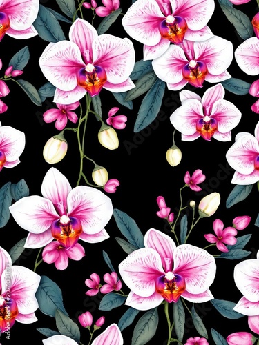 Delicate watercolor pattern with white and pink orchids hand painted floral botanical ornament for design fabric or print, pink, nature-inspired