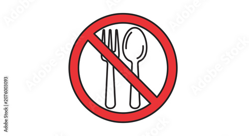 No eating sign, fork and spoon crossed out, white background, food prohibition icon