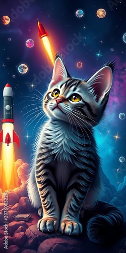 Galactic feline with celestial patterns next to rockets and stars, cosmic, galaxy