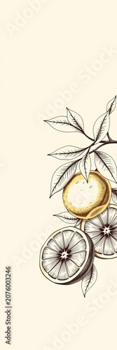 Hand-drawn vector illustration of citrus fruits in engraved style on vintage-inspired background, Fruit Arrangement, Foodie