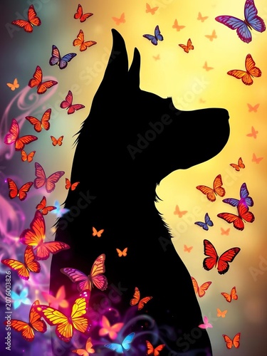 Dog silhouette surrounded by swirling butterflies, swirls, ||dogs