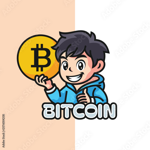 Happy Boy Holding Bitcoin Illustration