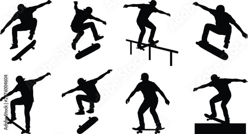 Φωτογραφία Collection of skateboarder silhouettes performing various tricks, jumps, and gri