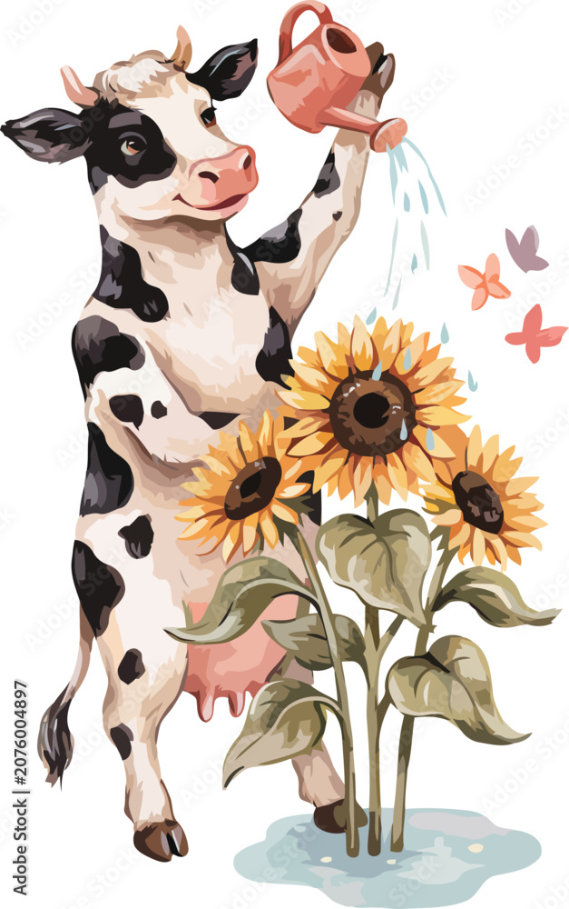 Naklejka premium Cute cartoon cow watering cheerful sunflowers with watering can