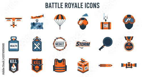 Foto A grid of 18 flatdesign orange and blue icons depicting Battle Royale gaming ite